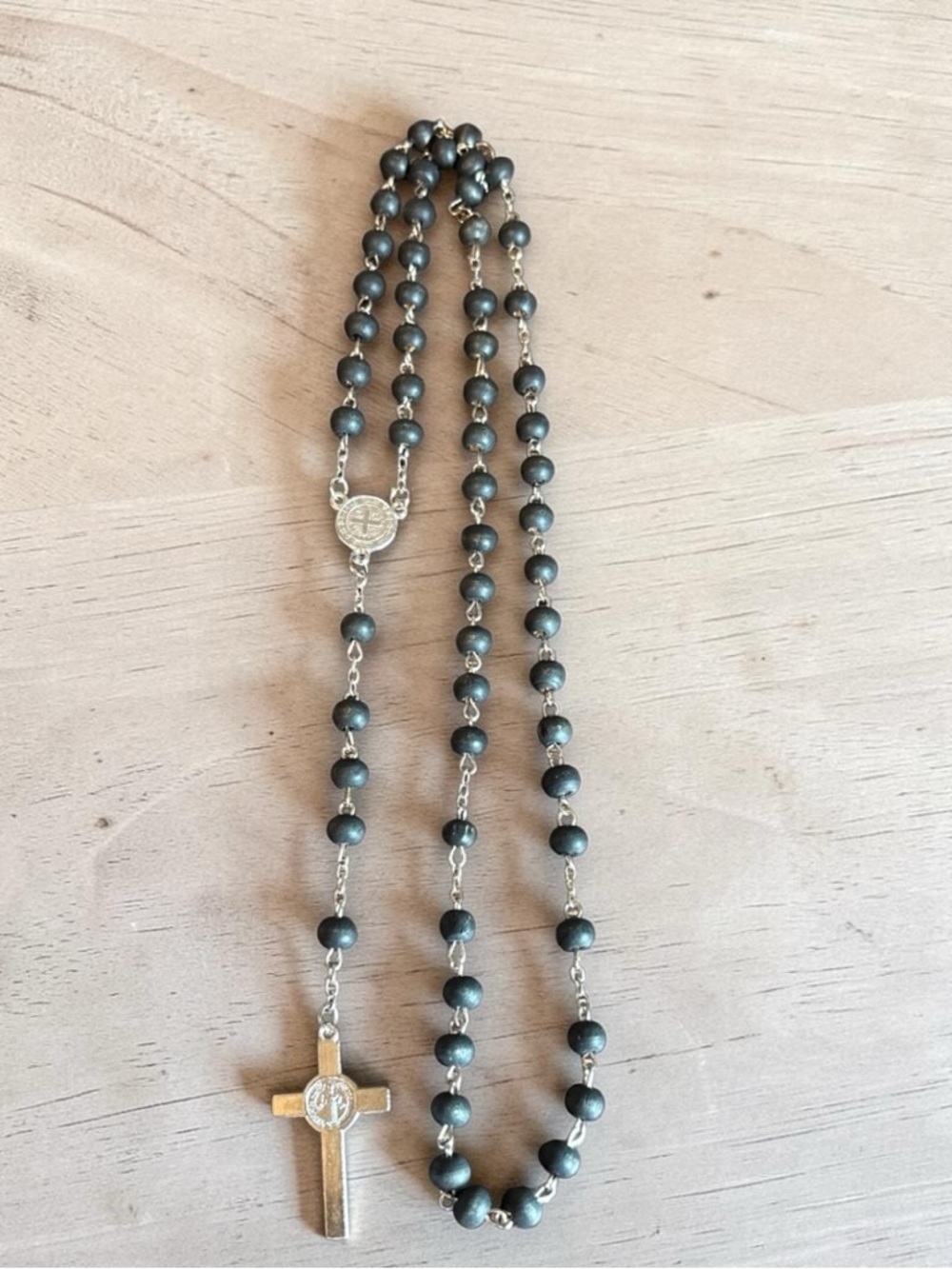 Silver Cross Rosary Necklace with Black‎ Beads
